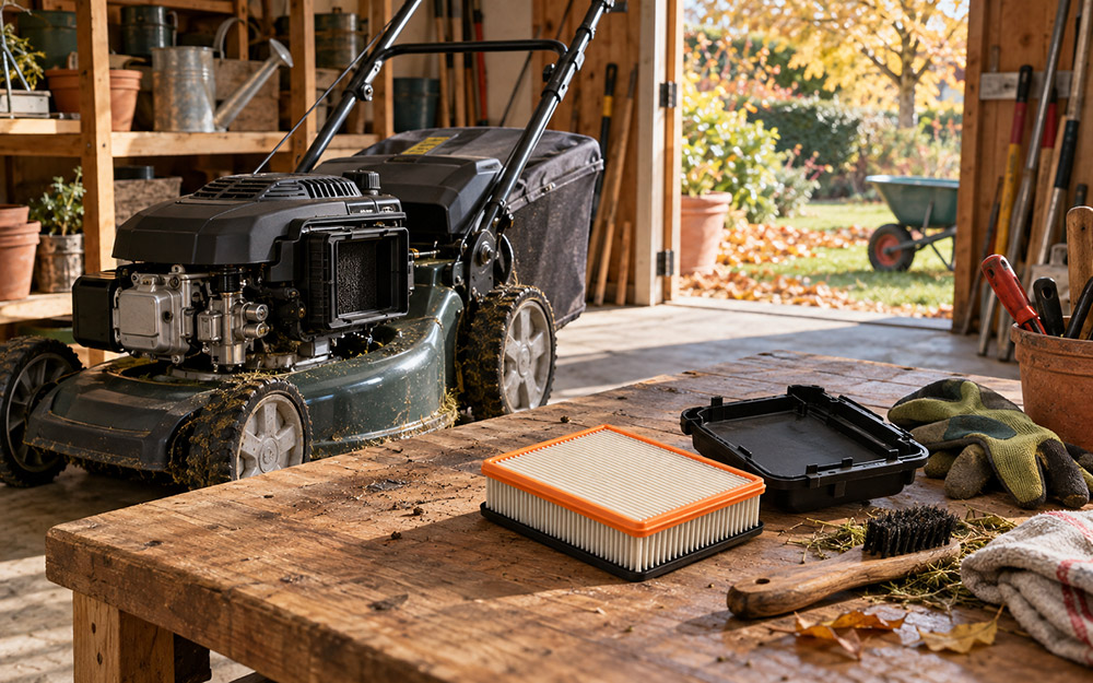 Filtre à air, brosse et gants préparés pour l'entretien d'une tondeuse à l'arrêt